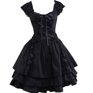 Cute Frilly Black Classic  Layered Lace-up Goth Lolita Dress: Worn Once